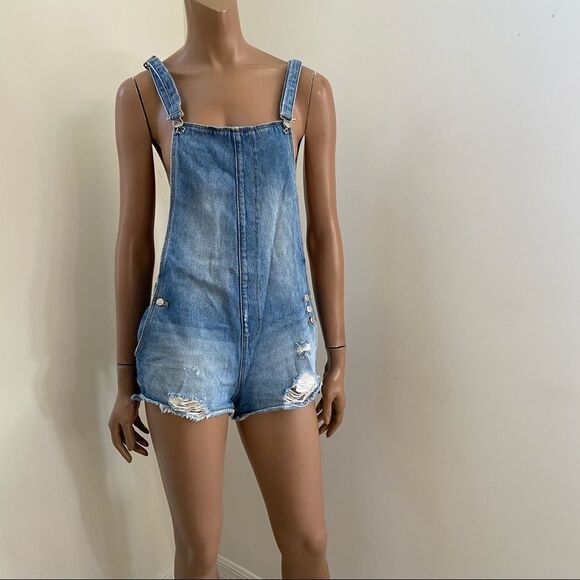 ZARA denim distressed short overall S - Picture 3 of 11
